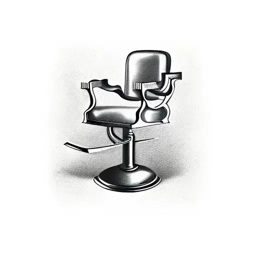 A vintage barber chair surrounded by various barber tools like clippers and scissors, with a red bandana draped over the chair tattoo design idea