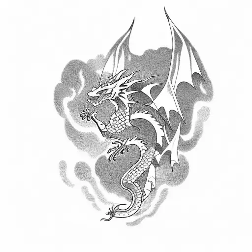 A dragon soaring through a mountain range tattoo design idea