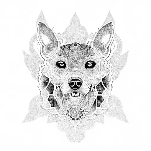 A dotwork mandala with intricate patterns and a silhouette of a dog hidden within tattoo design idea