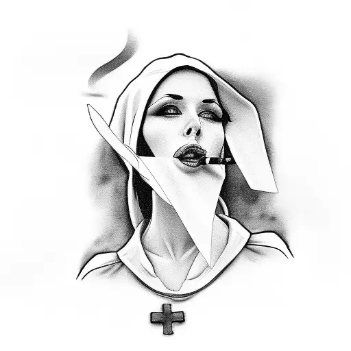 sexy nun with cleavage smoking cigarette holding gun tattoo design idea