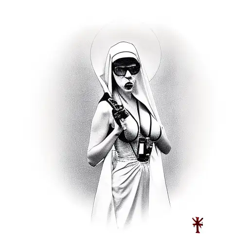 sexy nun with cleavage smoking cigarette holding gun tattoo design idea