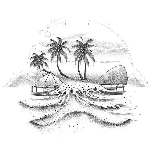 A dotwork tattoo of a serene beach scene with palm trees and crashing waves tattoo design idea
