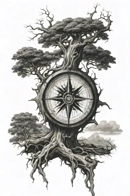 gnarled tree with roots wrapped around a compass tattoo design idea