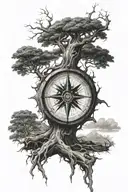 gnarled tree with roots wrapped around a compass tattoo design idea