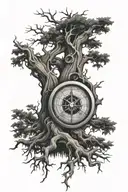 gnarled tree with roots wrapped around a compass tattoo design idea