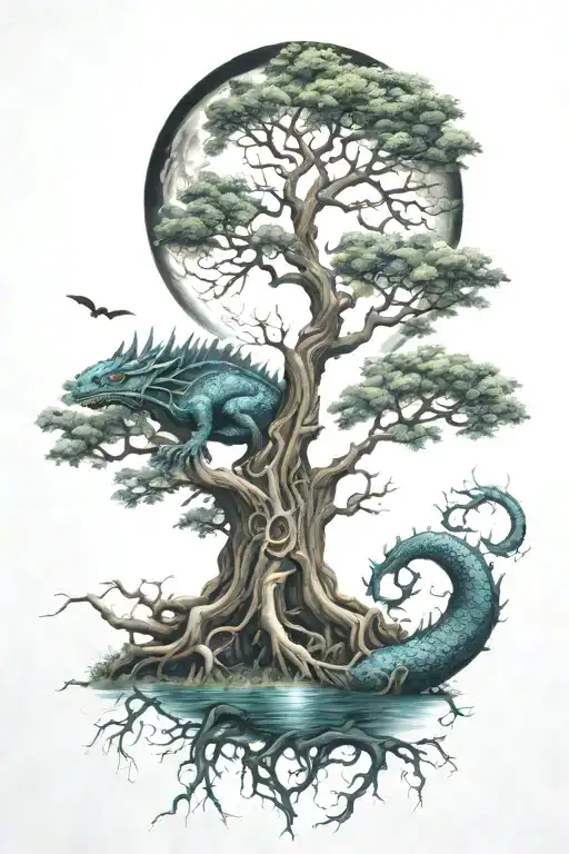 tree with its roots, moon and water dragon tattoo design idea