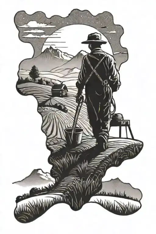 A silhouette of a farmer working in a field with mountains in the background tattoo design idea