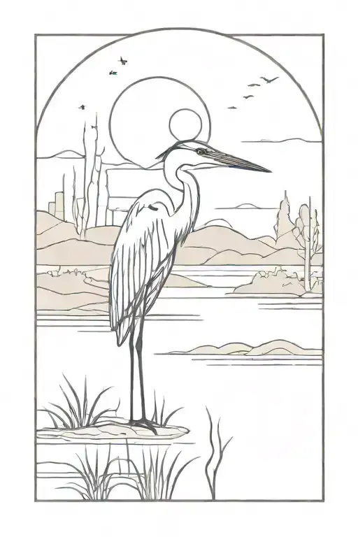 Heron, lake, moon tattoo design idea