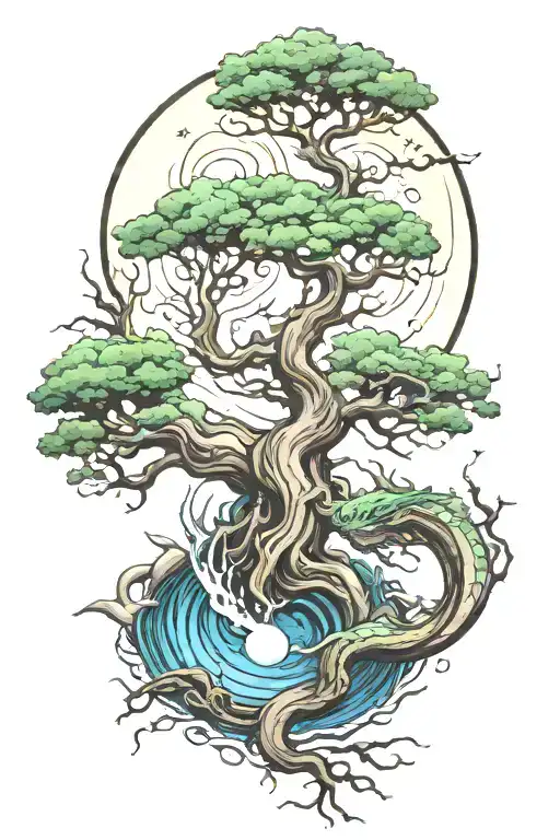 tree with its roots, moon and water dragon tattoo design idea