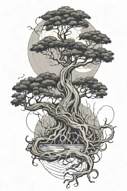 tree with its roots, moon and water dragon tattoo design idea