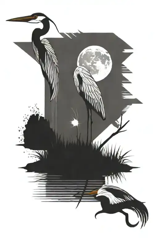 Heron, lake, moon tattoo design idea