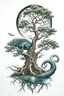tree with its roots, moon and water dragon tattoo design idea