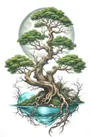 tree with its roots, moon and water dragon tattoo design idea