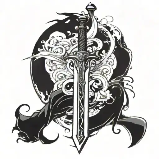 Incorporate a stylized sword design into a fighting scene, with intricate details and dynamic movement tattoo design idea