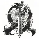 Incorporate a stylized sword design into a fighting scene, with intricate details and dynamic movement tattoo design idea