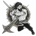 Incorporate a stylized sword design into a fighting scene, with intricate details and dynamic movement tattoo design idea