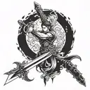 Incorporate a stylized sword design into a fighting scene, with intricate details and dynamic movement tattoo design idea