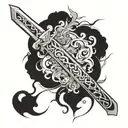 Incorporate a stylized sword design into a fighting scene, with intricate details and dynamic movement tattoo design idea