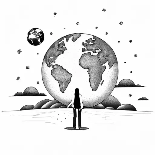 a man wearing shorts and sneakers walking on a road facing towards us, and the planet earth on the background tattoo design idea