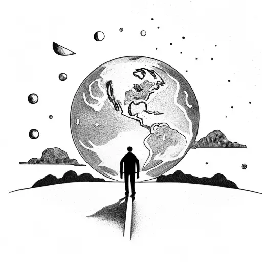 a man walking on a road facing towards us, and the planet earth on the background tattoo design idea