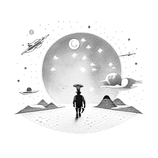a man walking on a road facing towards us, and the planet earth on the background tattoo design idea