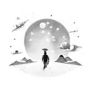 a man walking on a road facing towards us, and the planet earth on the background tattoo design idea
