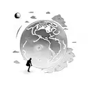 a man walking on a road facing towards us, and the planet earth on the background tattoo design idea