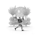 a man walking on a road facing towards us, and the planet earth on the background tattoo design idea