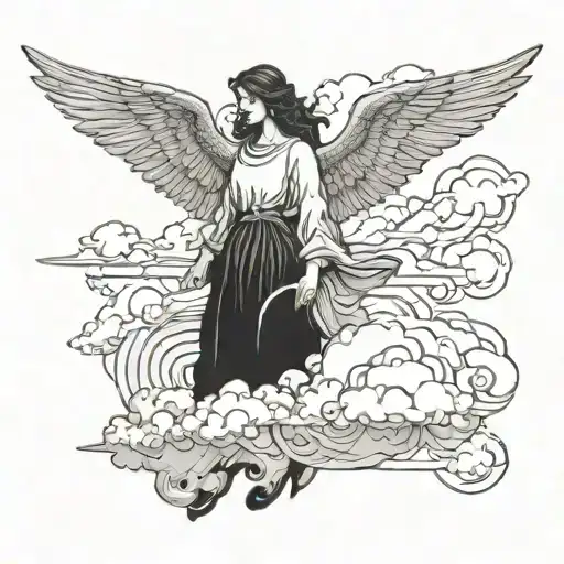 An angel ascending into the distance among the clouds and another descending into an apocalyptic world tattoo design idea