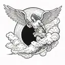 An angel ascending into the distance among the clouds and another descending into an apocalyptic world tattoo design idea