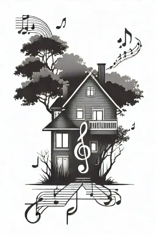 A minimalist black and grey tattoo of a modern house silhouette with music notes forming a pathway leading to it tattoo design idea
