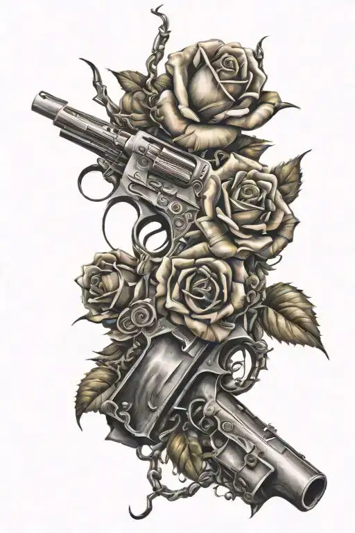 Roses on a spiked vine wrapped onto of a gun intertwined tattoo design idea