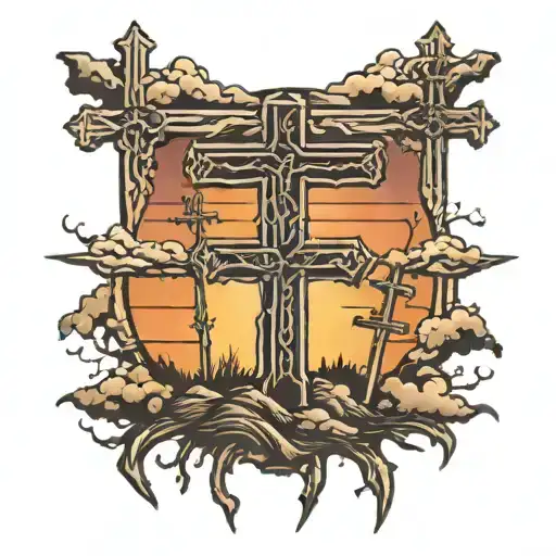 3 crosses on hill sunset background tattoo design idea