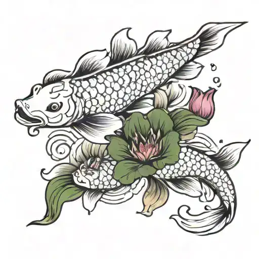 2 koi fish swimming around lotus flower  tattoo design idea