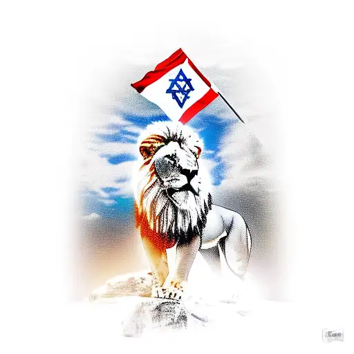 A majestic lion standing proudly in front of the Israeli flag, symbolizing strength and patriotism tattoo design idea