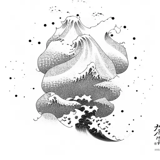 Traditional Japanese waves crashing against a tree with comic book speech bubbles floating around tattoo design idea