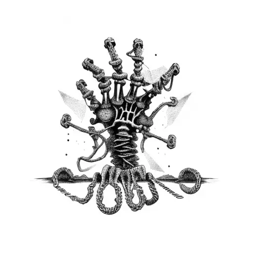  skeleton hand reaching up out of a rusty anchor chain and barnacle covered rocks surrounded with  tattoo design idea