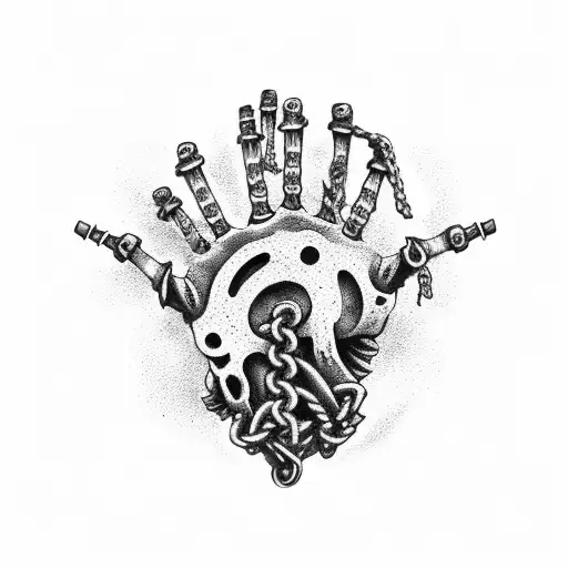  skeleton hand reaching up out of a rusty anchor chain and barnacle covered rocks surrounded with  tattoo design idea