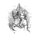 Mermaid war between two hot but scary mermaids with armies made up of zombies and sharks tattoo design idea