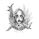 Mermaid war between two hot but scary mermaids with armies made up of zombies and sharks tattoo design idea