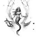Mermaid war between two hot but scary mermaids with armies made up of zombies and sharks tattoo design idea
