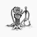  skeleton hand reaching up out of a rusty anchor chain and barnacle covered rocks surrounded with  tattoo design idea