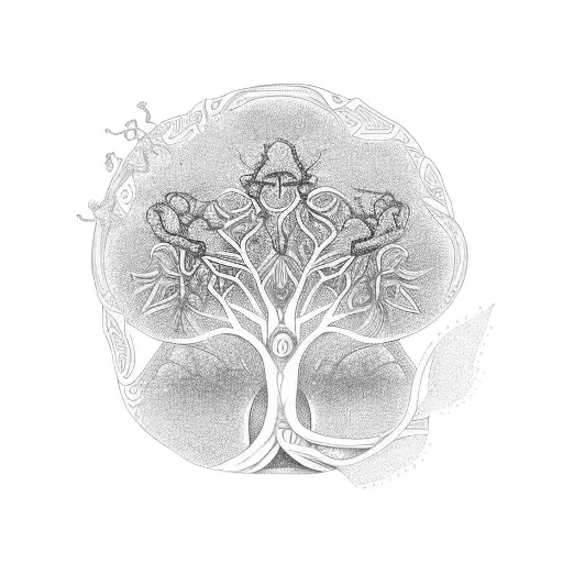 tree of life with DNA strand, lotus, ornate frame with regal vines tattoo design idea