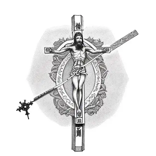 crucified corpse with omnia mors aequat written on the chest tattoo design idea