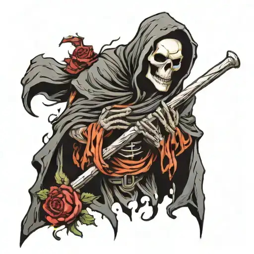 "Craft a tattoo design featuring a grim reaper standing prominently, with its entire body displayed. The reaper's face s tattoo design idea