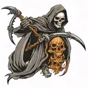 "Craft a tattoo design featuring a grim reaper standing prominently, with its entire body displayed. The reaper's face s tattoo design idea