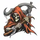 "Craft a tattoo design featuring a grim reaper standing prominently, with its entire body displayed. The reaper's face s tattoo design idea