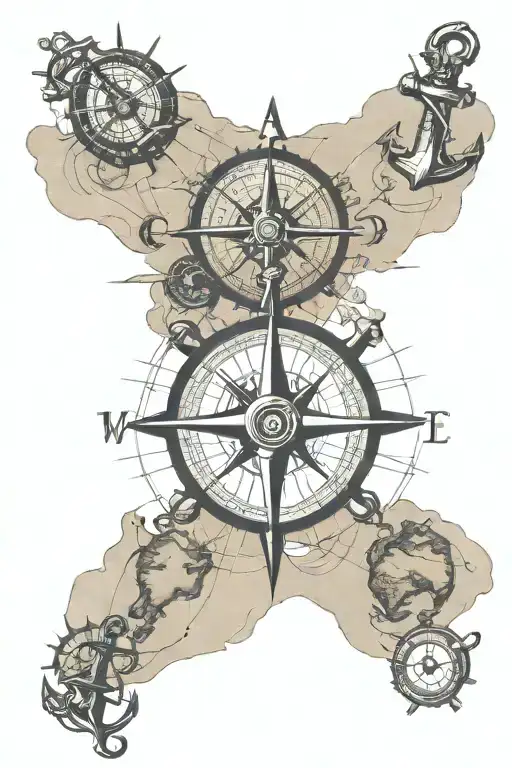 old world map with compass point and anchor intertwined tattoo design idea