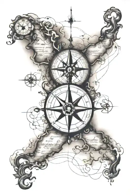 old world map with compass point and anchor intertwined tattoo design idea