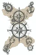 old world map with compass point and anchor intertwined tattoo design idea